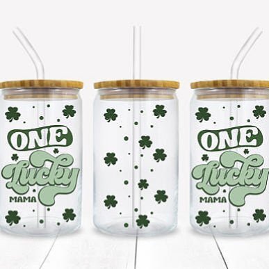 16oz One Lucky Mama St. Patricks Day Iced Glass Coffee Cup Tumbler, Lucky Mama Iced Coffee Tumbler with Bamboo Lid and Straw - Urijah's TreasuresUrijah's TreasuresSt. Patrick's Day