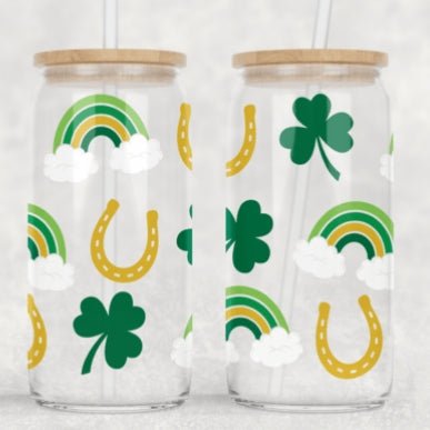 16oz Rainbow & Shamrocks St. Patricks Day Iced Glass Coffee Cup Tumbler, Iced Coffee Tumbler with Bamboo Lid and Straw - Urijah's TreasuresUrijah's TreasuresSt. Patrick's Day