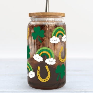 16oz Rainbow & Shamrocks St. Patricks Day Iced Glass Coffee Cup Tumbler, Iced  Coffee Tumbler with Bamboo Lid and Straw - Urijah's Treasures