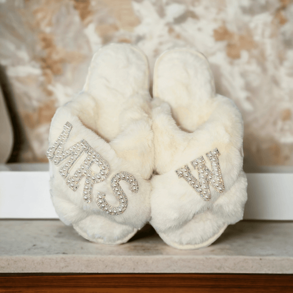Custom Name Pearl Lettered Fluffy White Bridal Slippers Bridesmaid Gifts Bridal Shower Wedding Bridesmaid Fluffy Bachelorette Slippers Mother gifts Custom Slippers - Urijah's TreasuresUrijah's TreasuresWedding