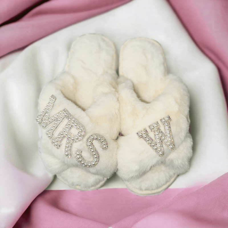 Custom Name Pearl Lettered Fluffy White Bridal Slippers Bridesmaid Gifts Bridal Shower Wedding Bridesmaid Fluffy Bachelorette Slippers Mother gifts Custom Slippers - Urijah's TreasuresUrijah's TreasuresWedding