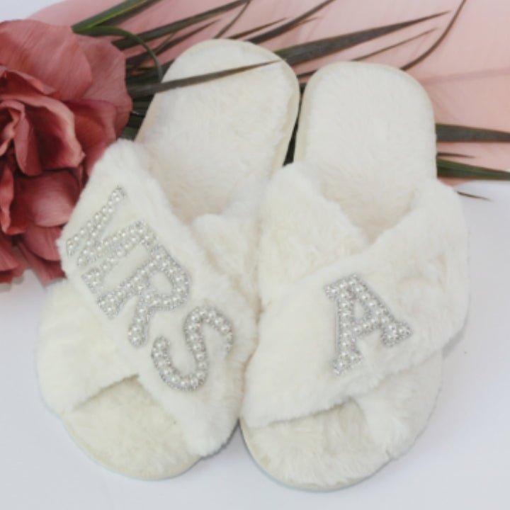 Custom Name Pearl Lettered Fluffy White Bridal Slippers