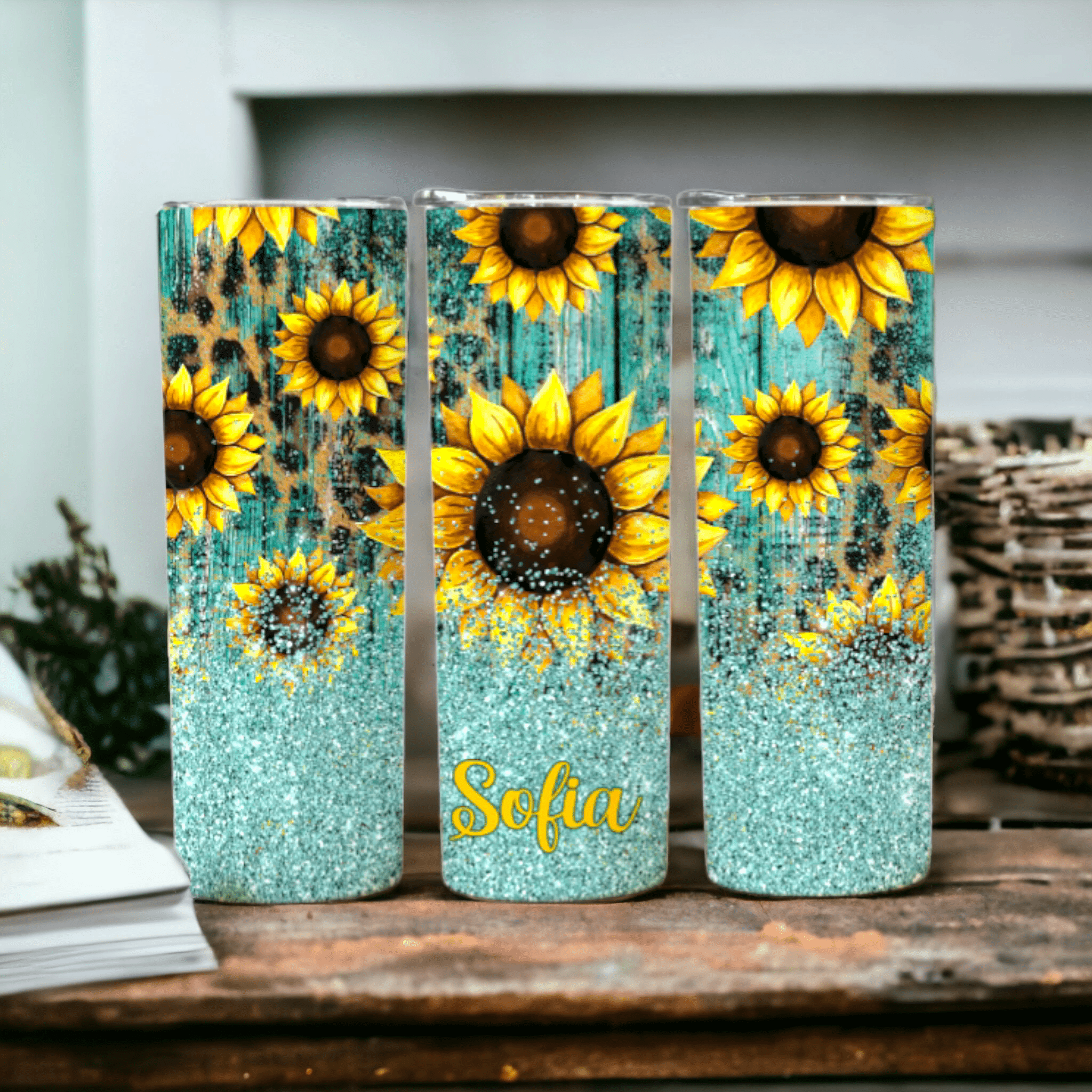 Personalized 20oz Sunflower Tumbler - Teal Sunflower Tumbler - Sunflower Tumbler Gifts - Tumbler With Straw - Personalized Teal Sunflower Cup Sunflower Lover Gift - Urijah's TreasuresUrijah's TreasuresCustomTumbler