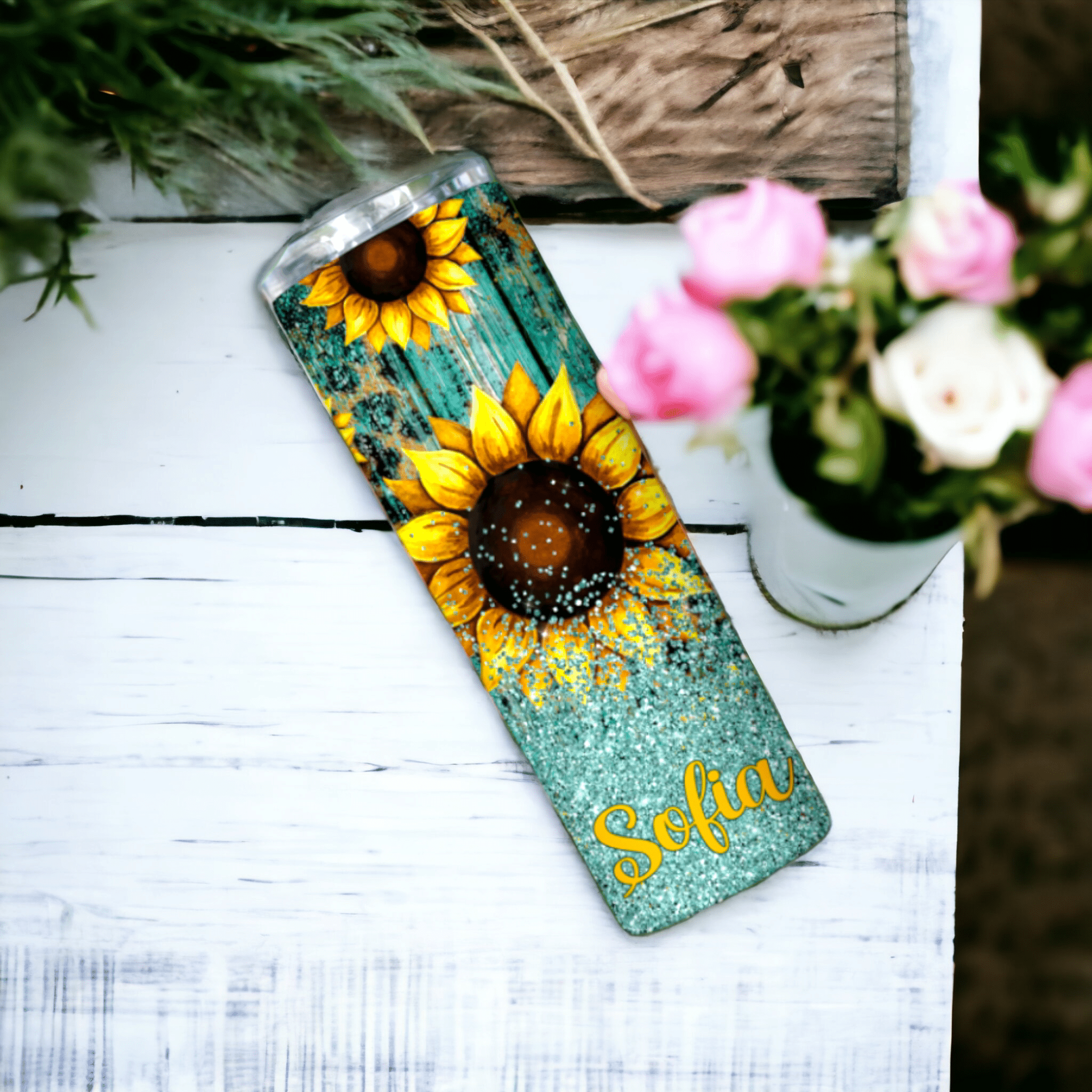 Personalized 20oz Sunflower Tumbler - Teal Sunflower Tumbler - Sunflower Tumbler Gifts - Tumbler With Straw - Personalized Teal Sunflower Cup Sunflower Lover Gift - Urijah's TreasuresUrijah's TreasuresCustomTumbler