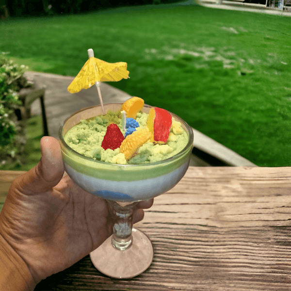 Tropical Paradise Delight: Peach-Coconut-Strawberry-Pineapple Scented Candle in a Margarita Glass - Urijah's TreasuresUrijah's TreasuresDessert Candle